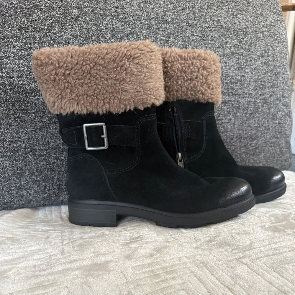 UGG Black Suede Boots with Brown Shearling Cuff